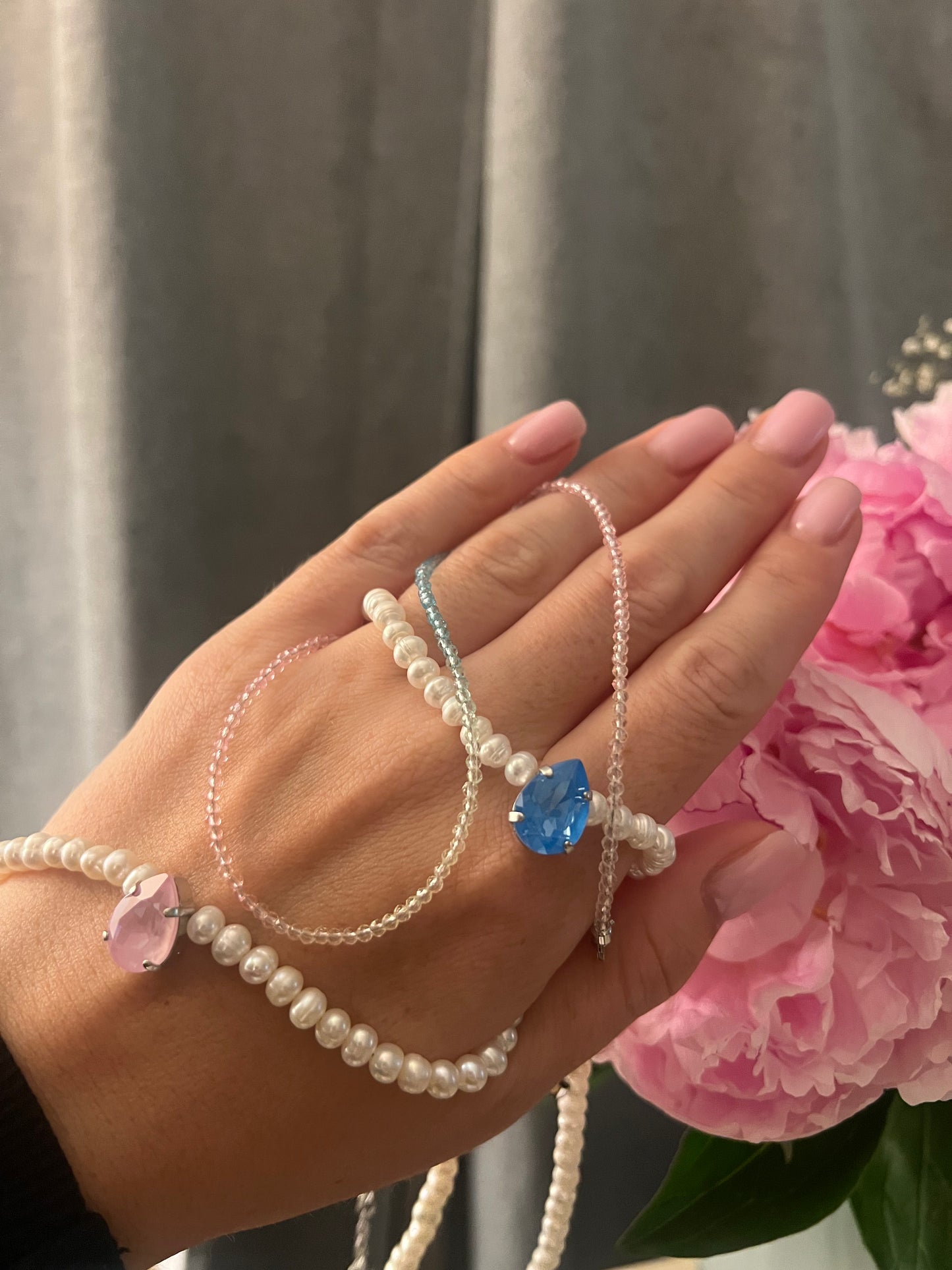 Necklace made of large pearls with crystal. Gift for her