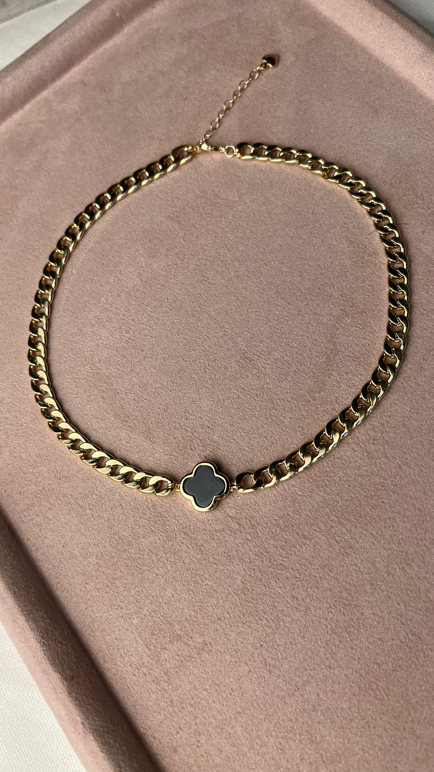 Necklace with massive chain and mother of pearl clover connector. Gift for her