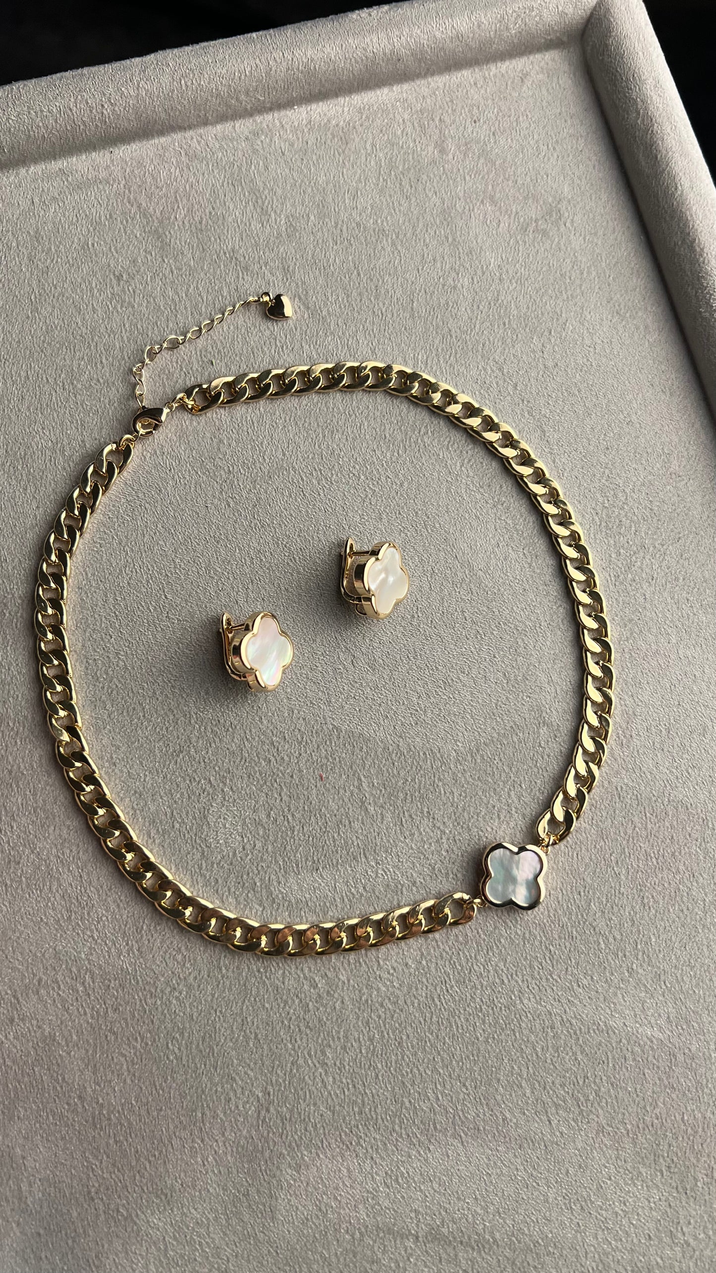 Necklace with massive chain and mother of pearl clover connector. Gift for her