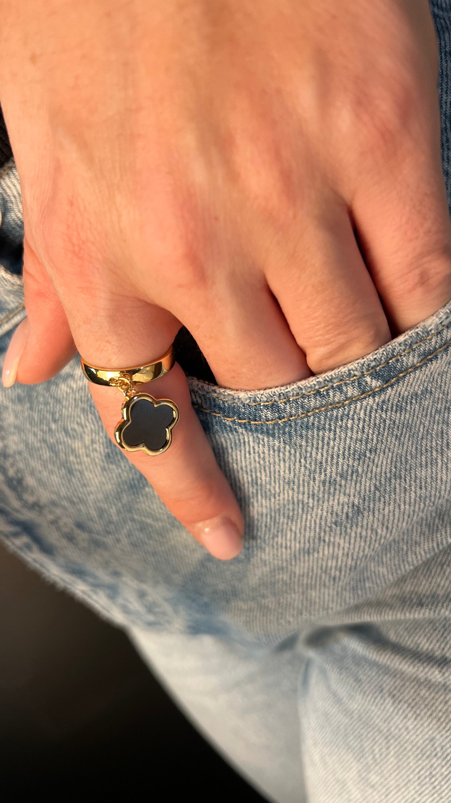 Ring adjustable size gold with clover pendant. Gift for her