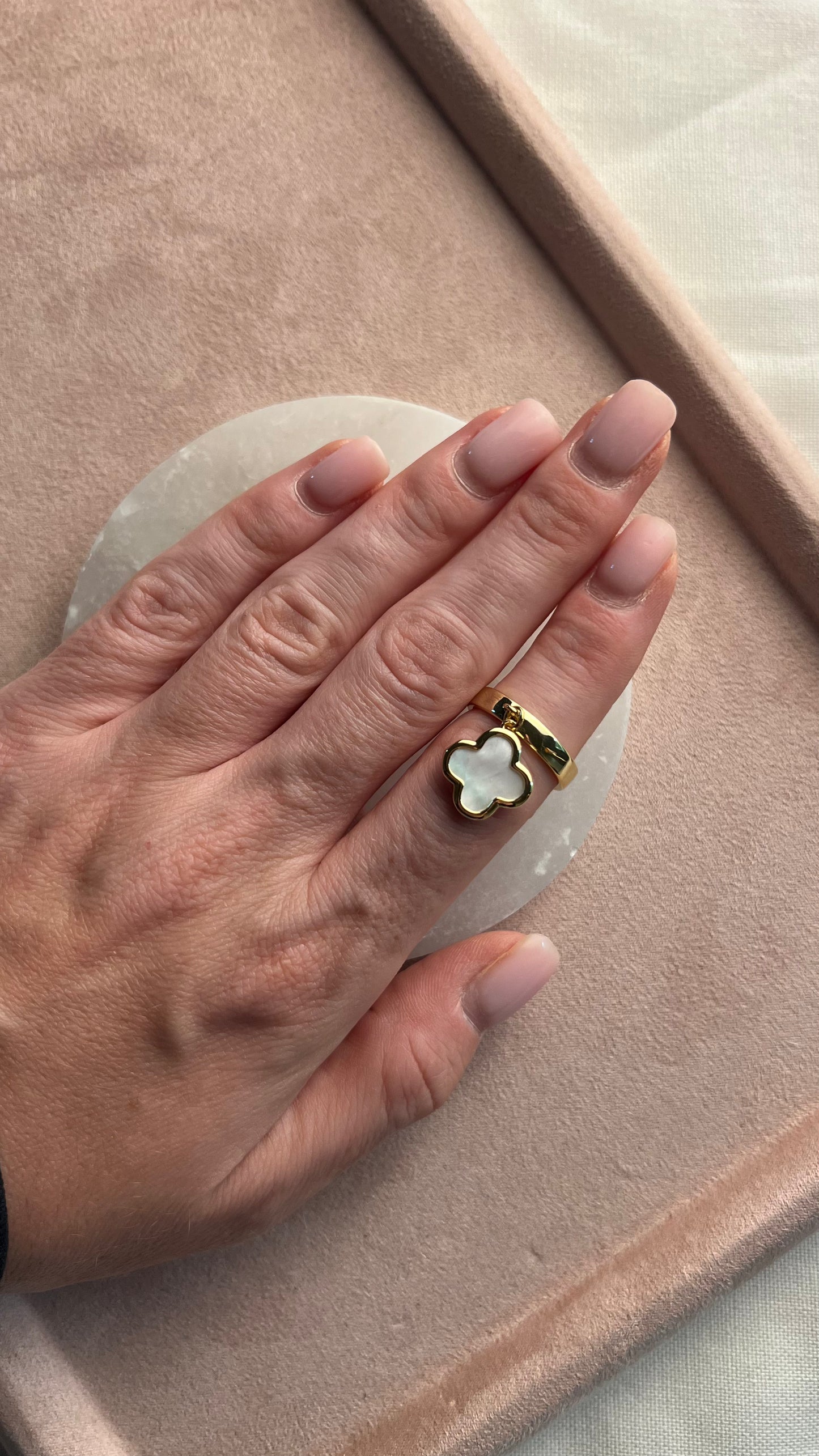 Ring adjustable size gold with clover pendant. Gift for her