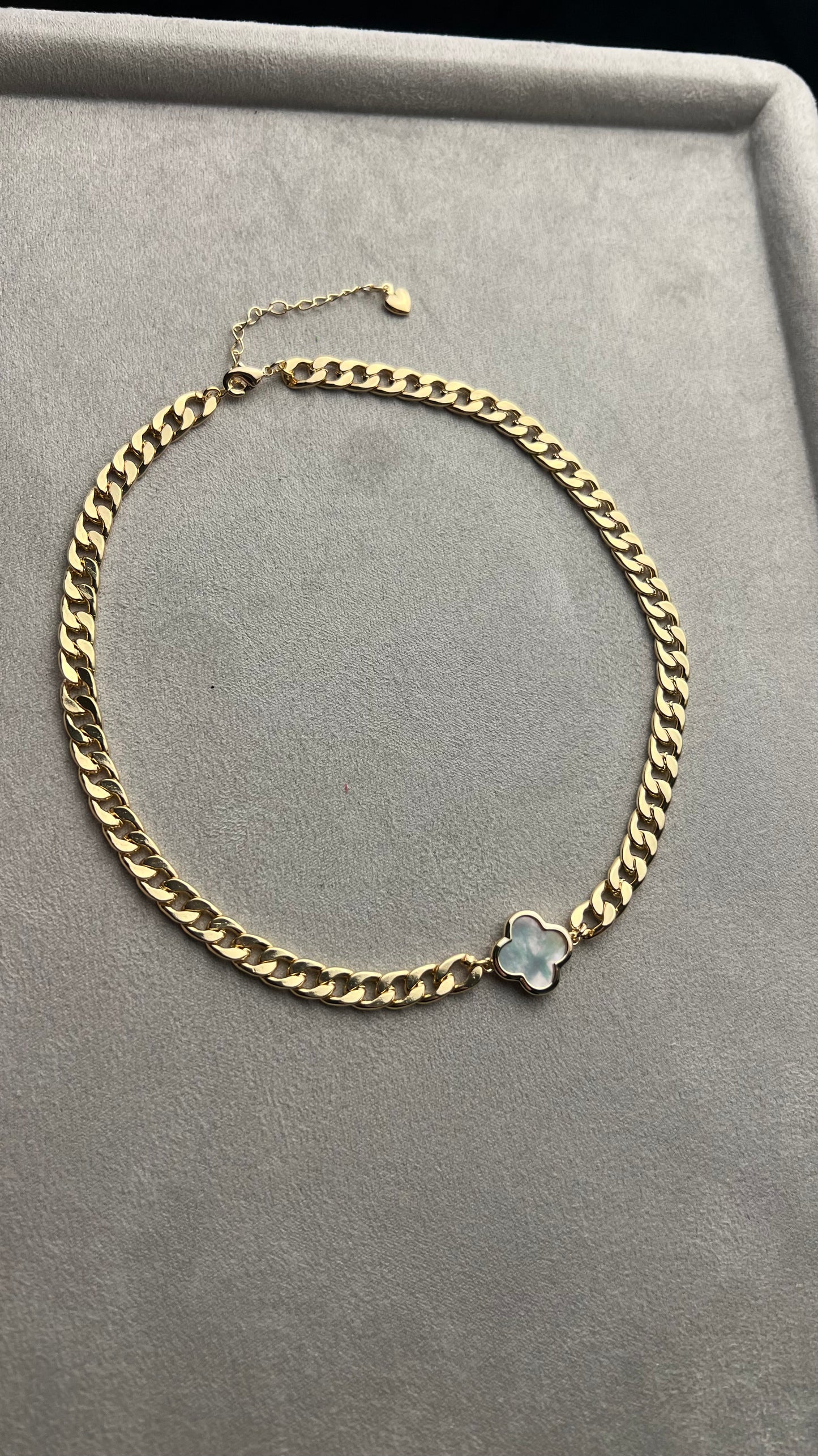 Necklace with massive chain and mother of pearl clover connector. Gift for her