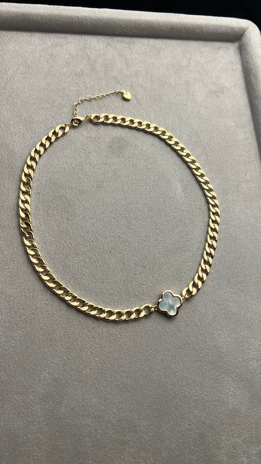 Necklace with massive chain and mother of pearl clover connector. Gift for her