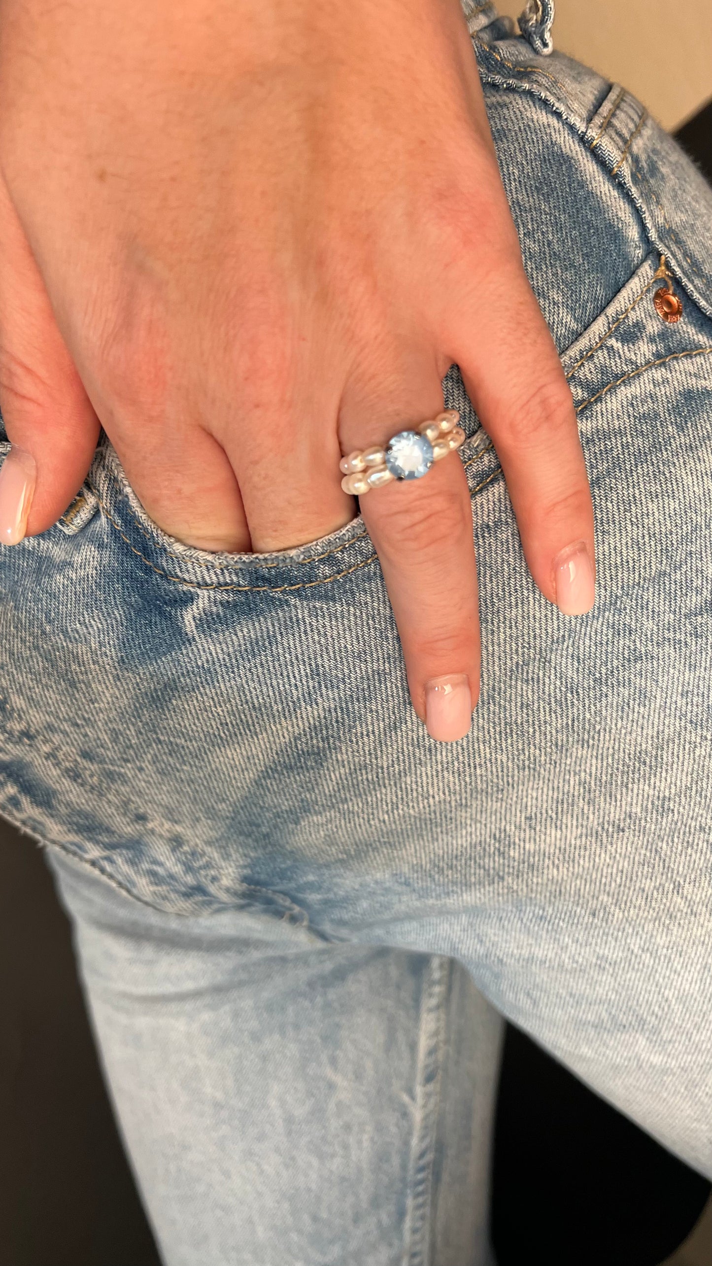 Pearl ring with light blue crystal. Gift for her