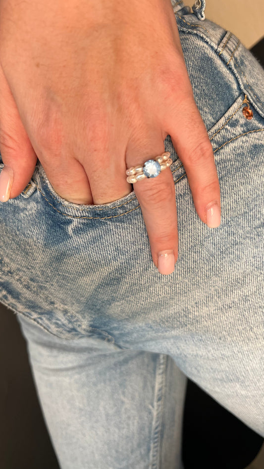 Pearl ring with light blue crystal. Gift for her