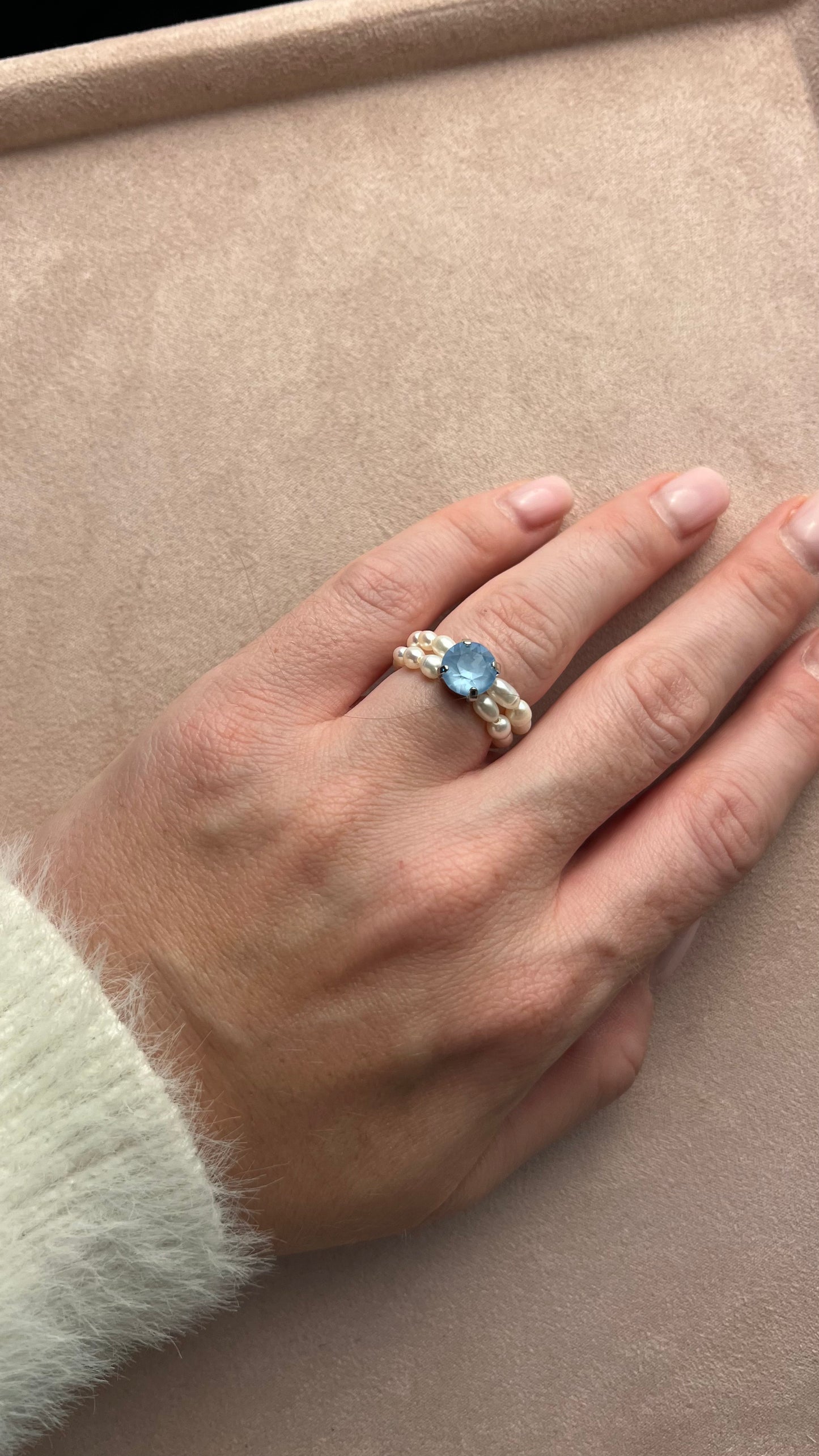 Pearl ring with light blue crystal. Gift for her