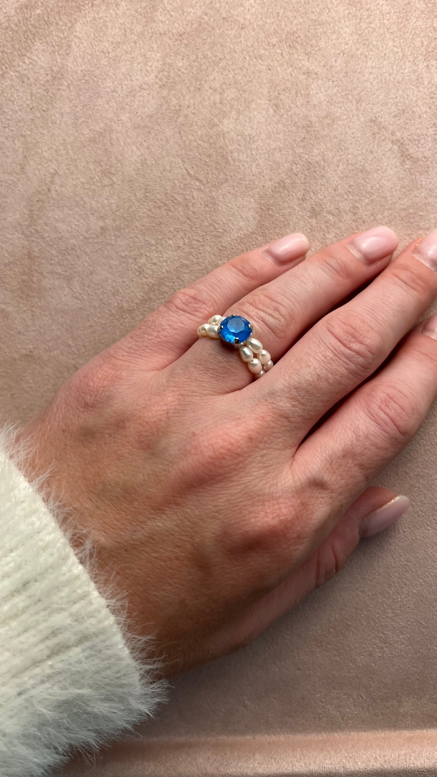 Pearl ring with blue crystal. Gift for Her