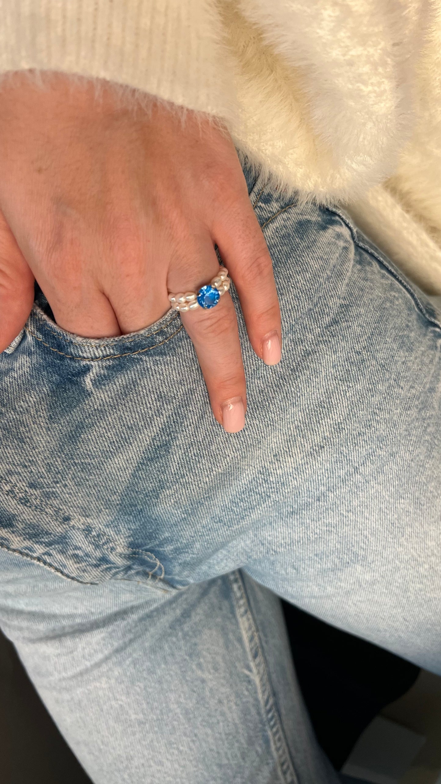 Pearl ring with blue crystal. Gift for Her