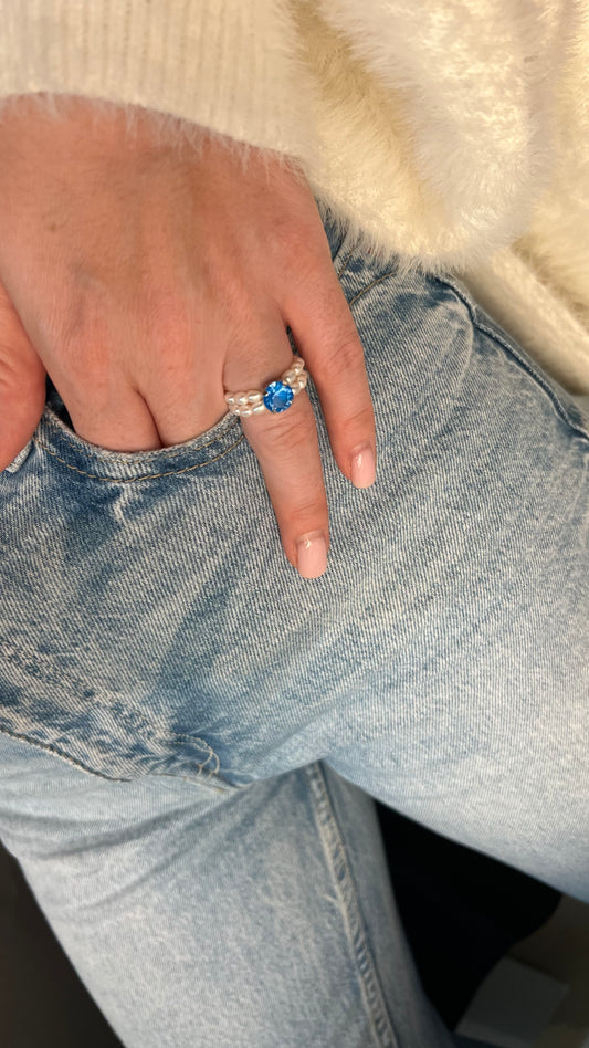 Pearl ring with blue crystal. Gift for Her