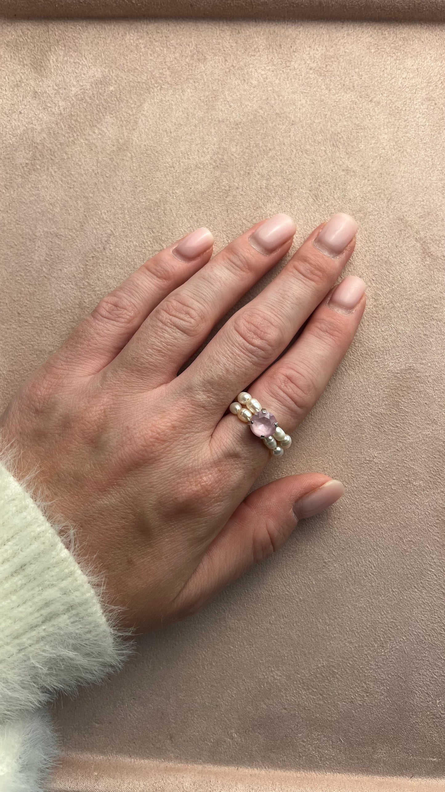 Pearl ring with light pink crystal. Gift for her