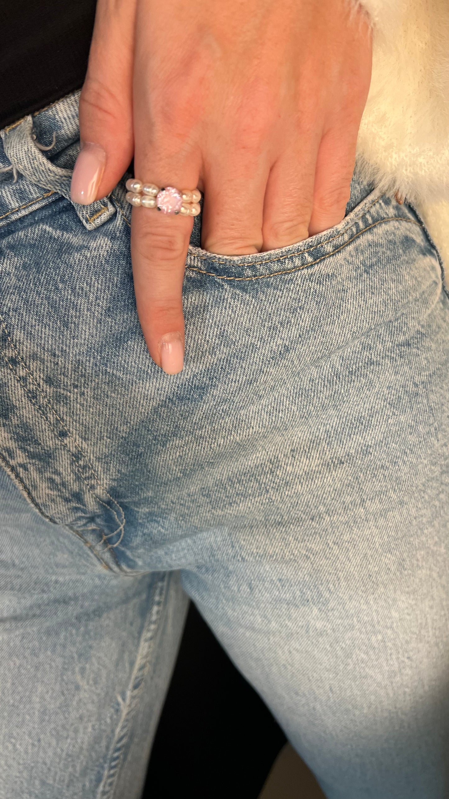 Pearl ring with light pink crystal. Gift for her