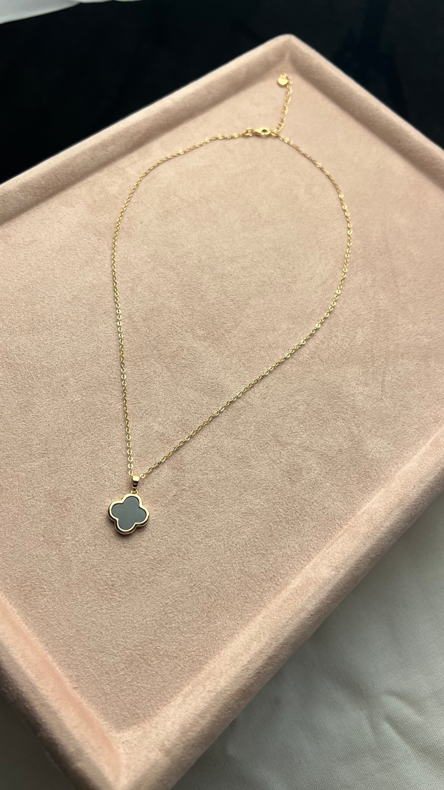 Necklace made of thin chain and mother of pearl clover pendant. Gift for her