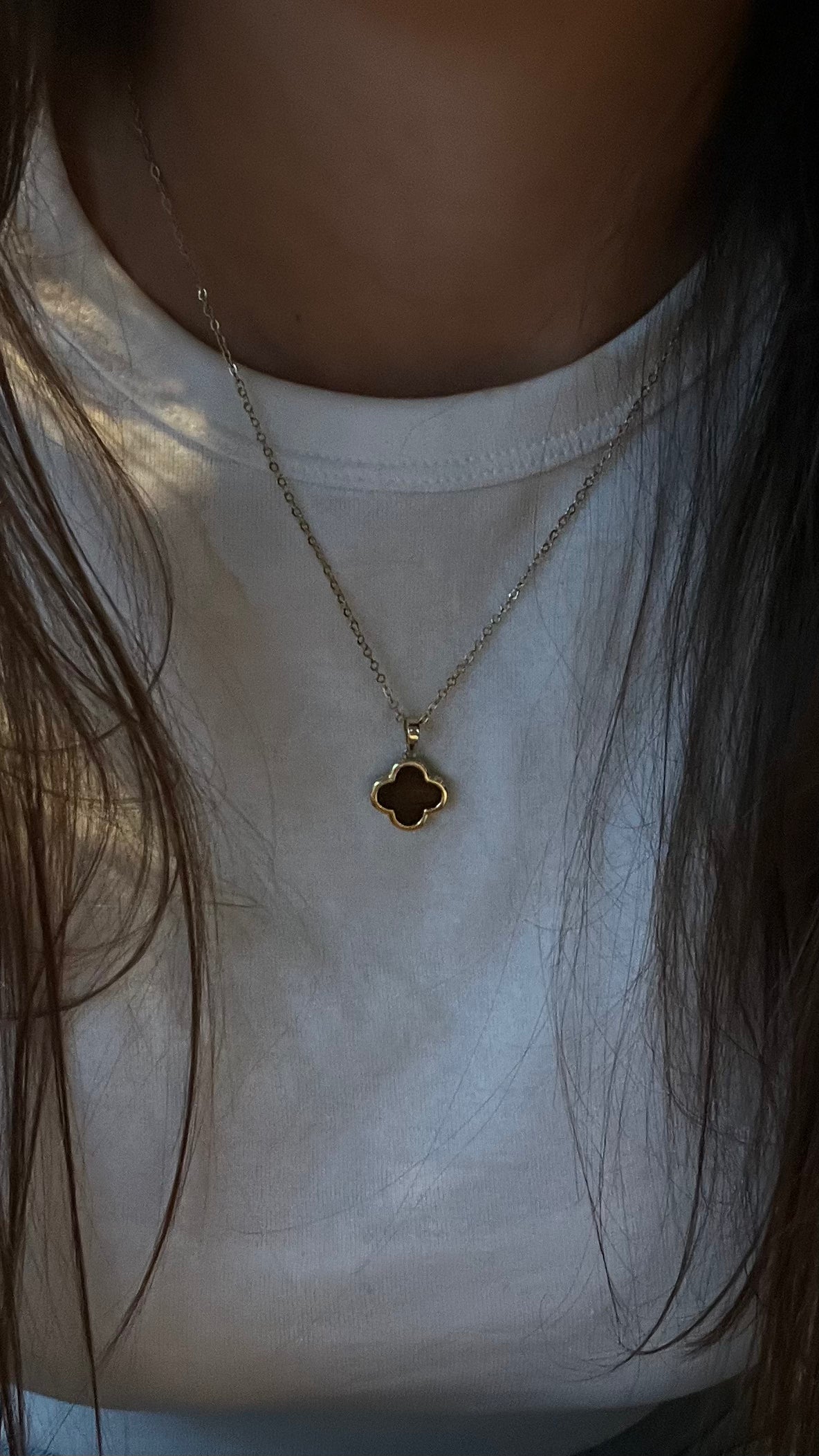Necklace made of thin chain and mother of pearl clover pendant. Gift for her