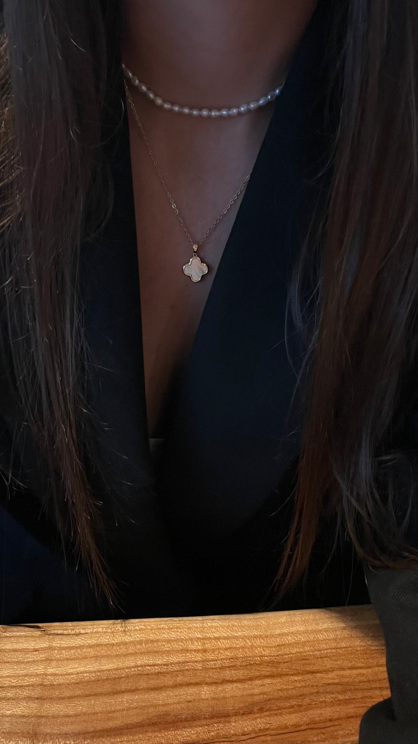 Necklace made of thin chain and mother of pearl clover pendant. Gift for her