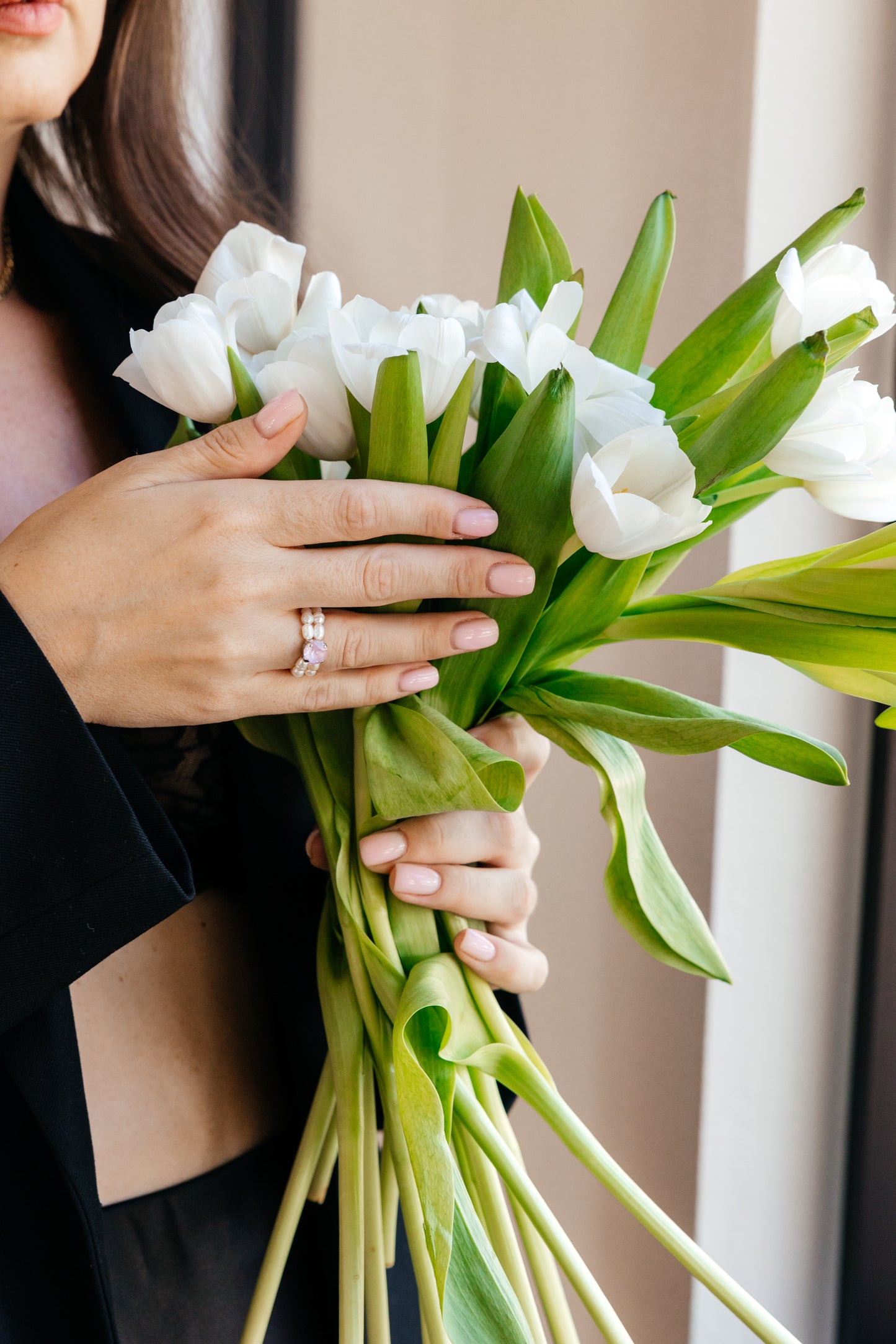 Pearl ring with light pink crystal. Gift for her
